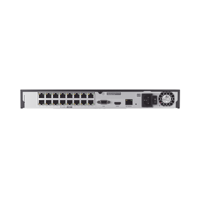NVR 16 canales grabacion hasta 8MP / H.265 / P2P Wisenet / 16 puertos PoE Plug and Play / 80 Mbps para grabacion. - Kompletum