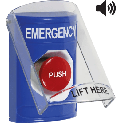 Botón Multipropósito, Color Azul, De Superficie, Con Tapa De Policarbonato, Con Bocina Pre Alarma, Para Interior, Momentaneo, Texto De Emergency, Ingles - Kompletum