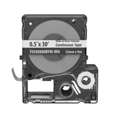 Casete de Etiquetas de Poliéster de Cinta Continua, Color Blanco Sobre Negro, 11.8 mm (0.47 in) de Ancho x 9 m (29.5 ft) de Largo - Kompletum