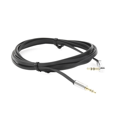 Cable Auxiliar Plano 2 Metros / Conector 3.5mm a 3.5mm / Macho-Macho / Recto a Angulo / Ángulo de 90° en una de sus Puntas / Color Negro - Kompletum