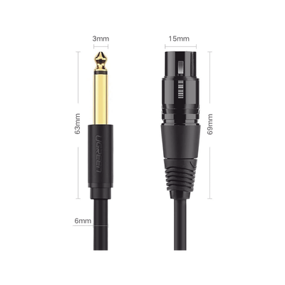 Cable para Micrófono Plug 6.35 mm (1/4 Inch) Macho a XLR Canon Hembra / Núcleo de Cobre / 5 Metros / Alta Calidad / Color Negro - Kompletum
