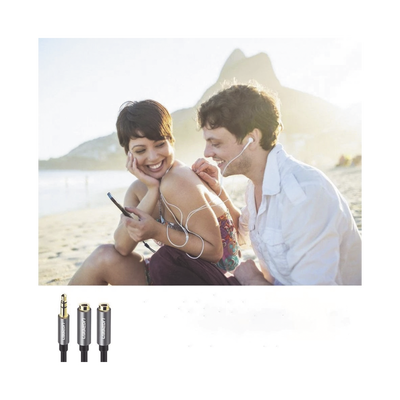 Cable Adaptador/Divisor de Audio de 3.5mm Macho a 2 Terminales de 3.5mm Hembra / 25 cm de Longitud / Cable TPE / Color Negro - Kompletum