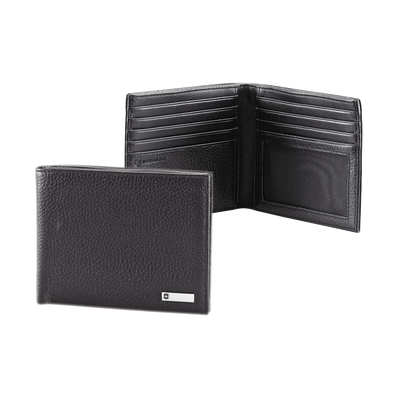 Cartera Barcelona Negra de Piel Rugosa de Doble Pliegue y Divisor de Billetes. Pocket Wallet. - Kompletum