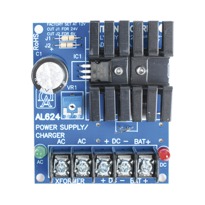 6 o 12 o 24 Vcc @ 1.2  A o 0.75 A / fuente tipo tarjeta / 1 salida / requiere transformador de entrada / capacidad de respaldo / Batería no incluida. ALTRONIX