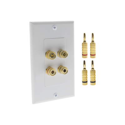 KIT 1 Placa de Pared + 2 Pares Conectores Banana (Rojo+Negro) | Postes de Unión Tipo Banana | Conexión para 2 Altavoces | Fácil Instalación | Conectores Chapados en Oro - Kompletum
