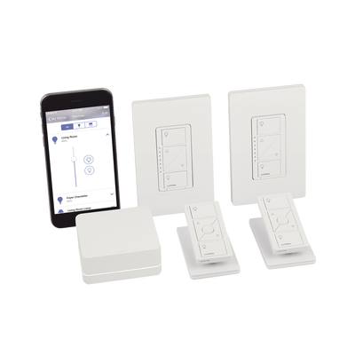 (Caseta Wireless) Kit Hub controlador, 2 atenuadores, 2 controles remotos, 2 base mesa y 2 tapas. - Kompletum