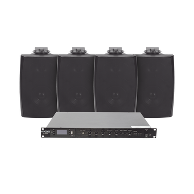 KIT de Amplificador de Audio 120W para Rack | 4 Altavoces de Pared color Negro 2.5W - 20W | Sistema 70/100V - Kompletum