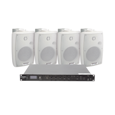 KIT de Amplificador de Audio 120W para Rack | 4 Altavoces de Pared color Blanco 2.5W - 20W | Sistema 70/100V - Kompletum