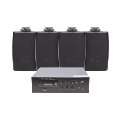 KIT de Amplificador de 120W para Escritorio | 4 Altavoces de Pared color Negro 2.5W - 20W | Sistema 70/100V - Kompletum