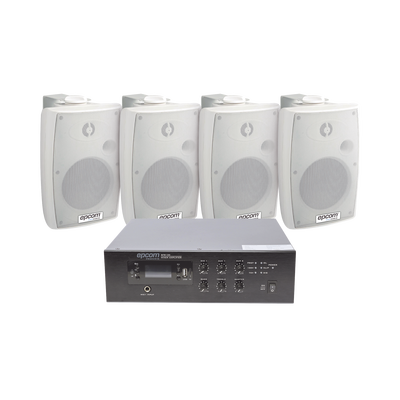 KIT de Amplificador de 120W para Escritorio | 4 Altavoces de Pared color Blanco 2.5W - 20W | Sistema 70/100V - Kompletum