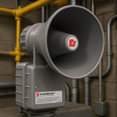 Altavoz de anunciamiento publico a prueba de explosiones AudioMaster®, Listado UL y cUL para Clase I, División 1, Grupos B, C y D; Clase I, División 2, Grupo A, B, C y D; Clase II, División 2, Grupos F y G, de Potencia Ajustable - Kompletum