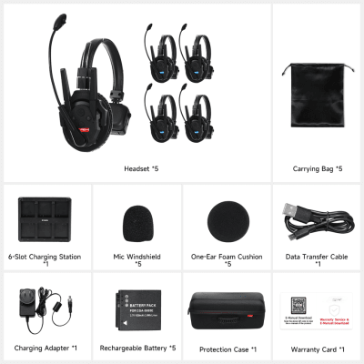 Kit de 5 Intercomunicador Inalámbrico TXtalk Pro / Antenas Externas / Rango 500m / Hasta 13 Unidades Conectadas / Auricular Monoaural / Batería 1050mAh / ABS Ligero y Cuero Suave - Kompletum