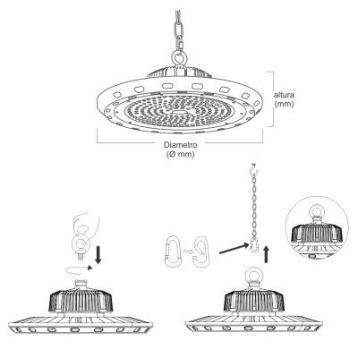 Campana Led Industrial UFO / 100 W / Suspendido / 85 - 265 V CA / Luz Fría 6500 K. - Kompletum