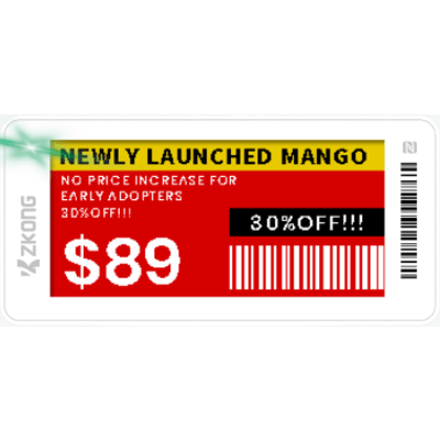 Etiqueta de Estantería Electrónica ESL ZKE21B / Pantalla EPD 2.13 Pulgadas / Resolución 122x250 Píxeles / 4 Colores (Negro Blanco Rojo Amarillo) / BLE 5.0 con Encriptación AES-128 / Batería 5 Años / NFC / C - Kompletum