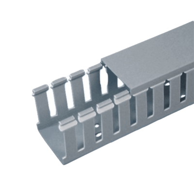 Canaleta Ranurada de PVC con Tapa, Tipo F, 32 mm de Ancho, 101.6 mm de Alto y 2 m de Largo, Color Gris - Kompletum