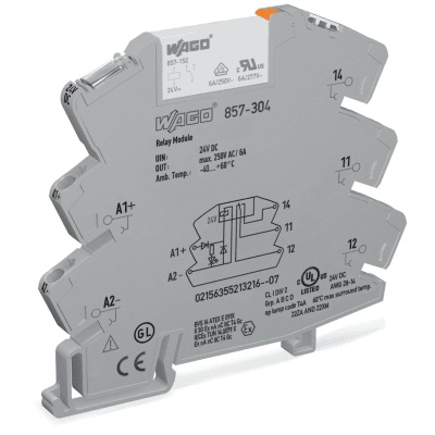 Módulo con Relé WAGO 857-304 / Tensión Nominal 24 VCC / 1 Inversor / Corriente Permanente Límite 6 A / Indicador de Estado LED Amarillo / Ancho de Montaje 6 mm / Material Poliamida (PA 66) / IP20 / Aislamiento Reforzado - Kompletum