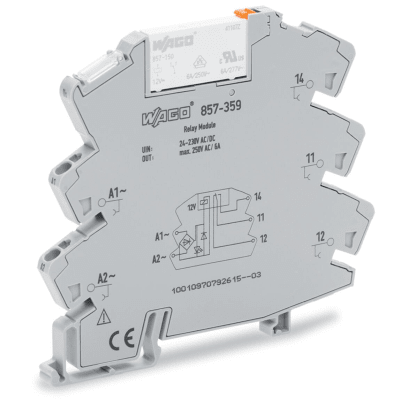 Módulo con Relé WAGO 857-359 / 24V ... 230V AC/DC / Corriente Permanente Límite 6 A / Un Inversor / Indicador de Estado Amarillo / Montaje en Carril DIN-35 / Aislamiento Reforzado - Kompletum